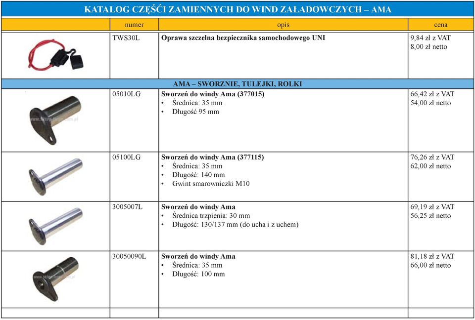 140 mm Gwint smarowniczki M10 76,26 zł z VAT 62,00 zł netto 3005007L Sworzeń do windy Ama Średnica trzpienia: 30 mm Długość: 130/137 mm