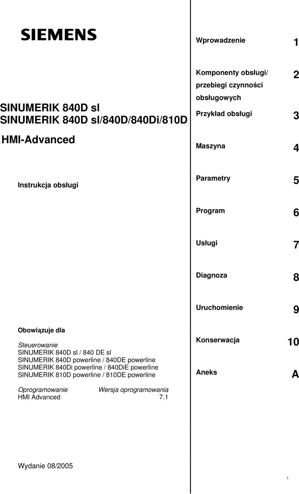 dla Steuerowanie SINUMERIK 840D sl / 840 DE sl SINUMERIK 840D powerline / 840DE powerline SINUMERIK 840Di powerline / 840DiE