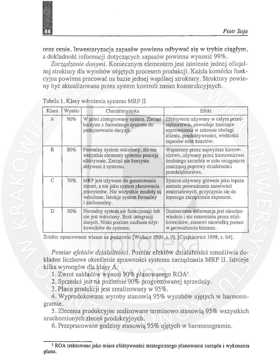 Struktury powinny być aktualizowane przez system kontroli zmian konstrukcyjnych. Tabela I. Klasy wdrożenia systemu MRP II KI",a Wyniki Charakterystyka Efekt A 90% W pełni zintegrowany system.