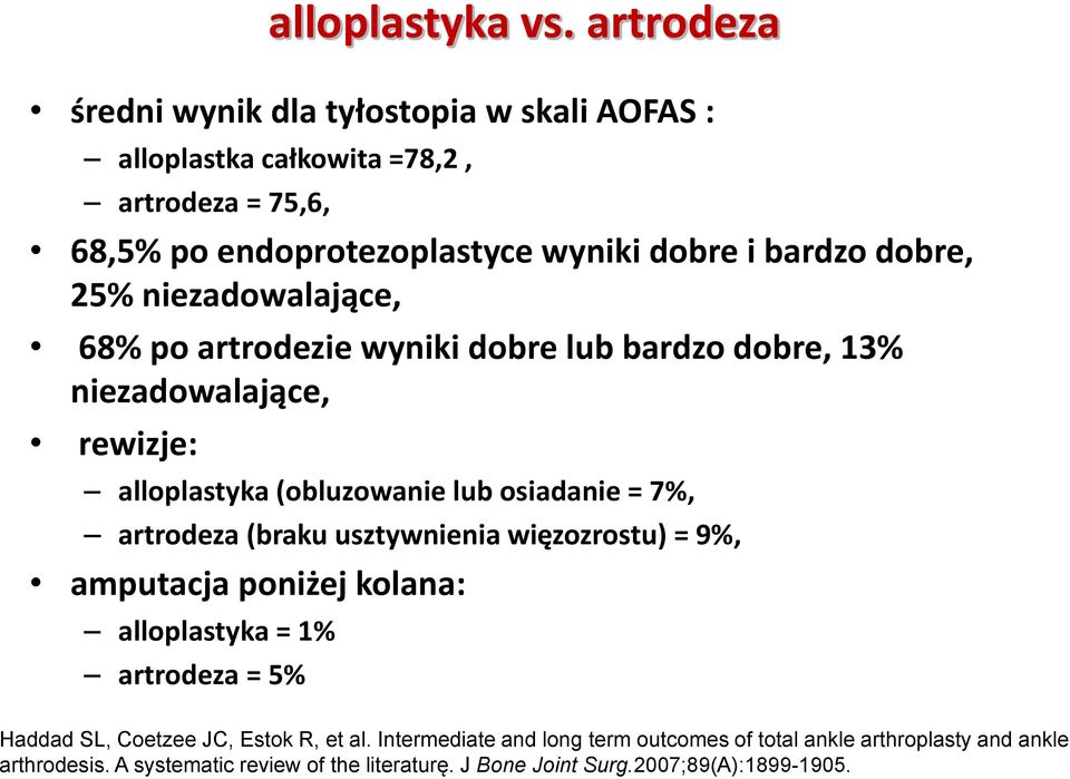 25% niezadowalające, 68% po artrodezie wyniki dobre lub bardzo dobre, 13% niezadowalające, rewizje: alloplastyka (obluzowanie lub osiadanie = 7%, artrodeza