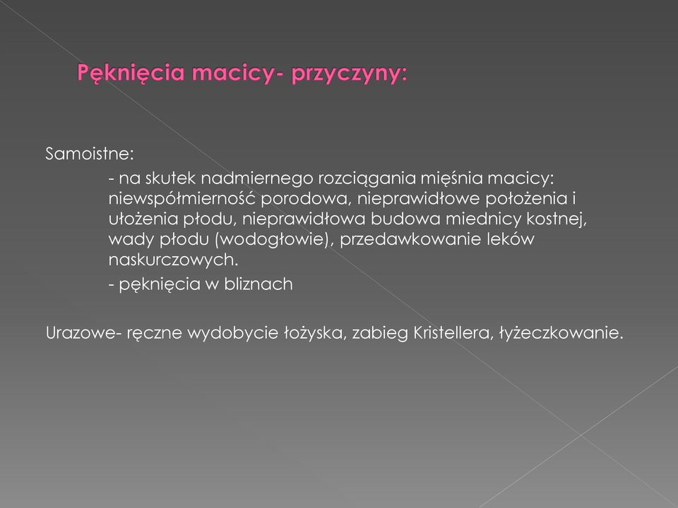 miednicy kostnej, wady płodu (wodogłowie), przedawkowanie leków naskurczowych.