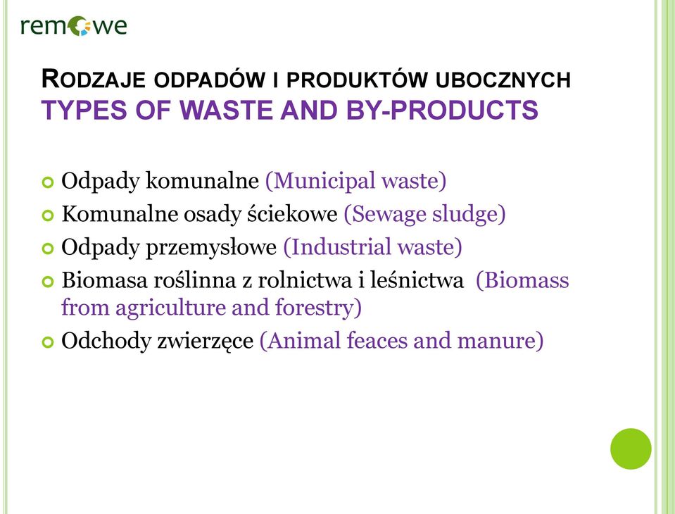 przemysłowe (Industrial waste) Biomasa roślinna z rolnictwa i leśnictwa