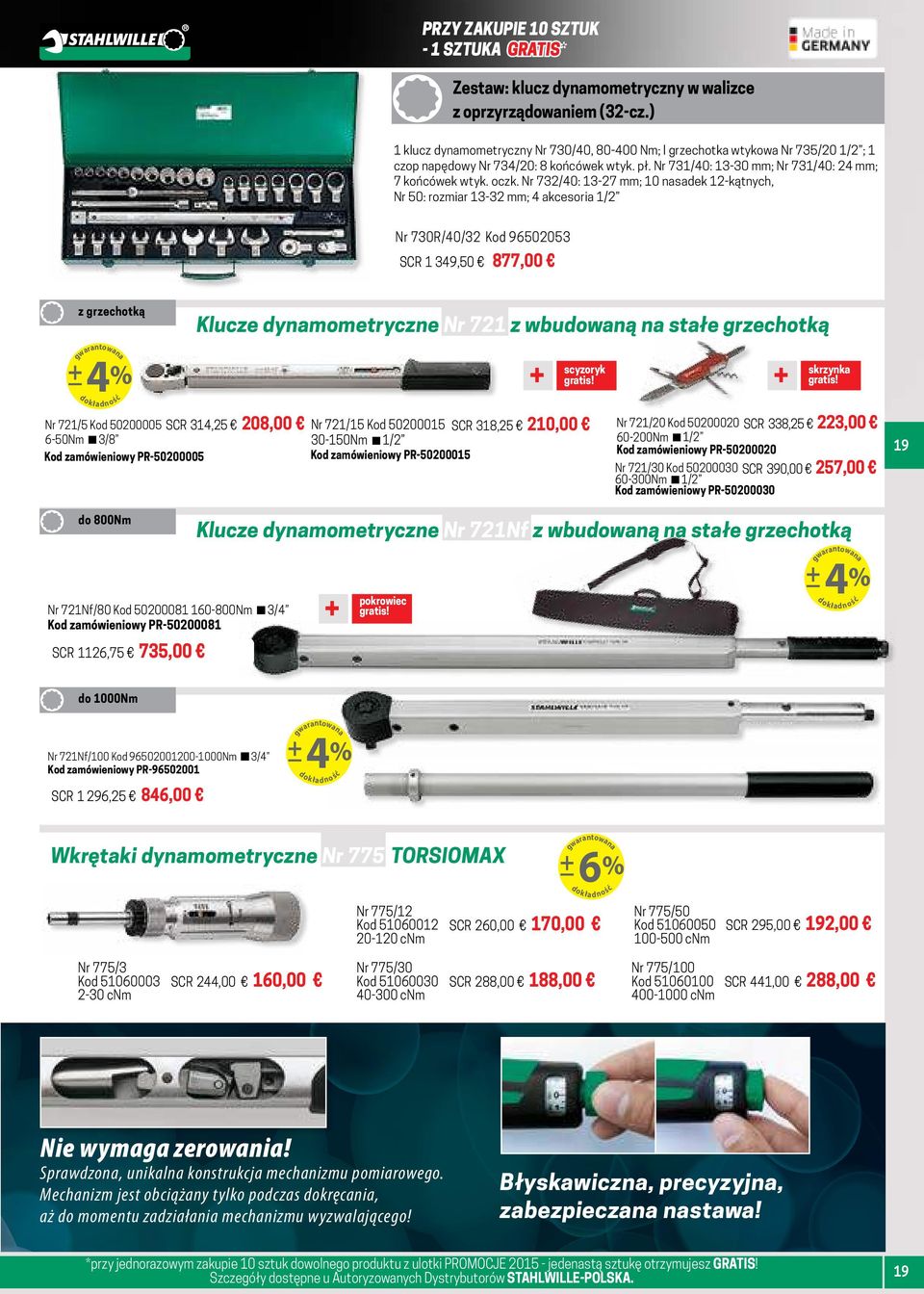 Nr 732/40: 13-27 mm; 10 nasadek 12-kątnych, Nr 50: rozmiar 13-32 mm; 4 akcesoria 1/2 Nr 730R/40/32 Kod 96502053 SCR 1 349,50 Klucze dynamometryczne Nr 721 z wbudowaną na stałe grzechotką rantowan wa