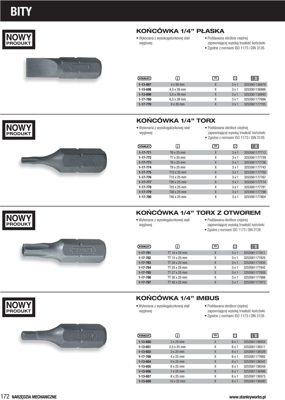 TORX Wykonana z wysokogatunkowej stali węglowej Poddawana obróbce cieplnej zapewniającej wysoką trwałość końcówki Zgodne z normami ISO 1173 i DIN 3126 1-17-771 T6 x 25 mm X 3 x 1 3253561177712