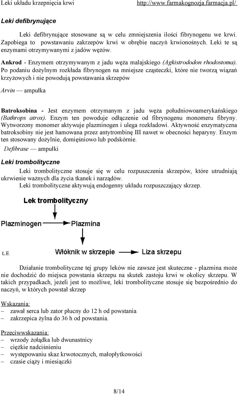 Po podaniu dożylnym rozkłada fibrynogen na mniejsze cząsteczki, które nie tworzą wiązań krzyżowych i nie powodują powstawania skrzepów Arvin ampułka Batroksobina - Jest enzymem otrzymanym z jadu węża