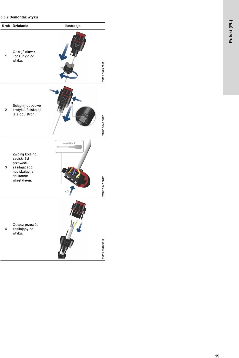 TM05 5546 3812 3 Zwolnij kolejno zaciski żył przewodu zasilającego, naciskając je