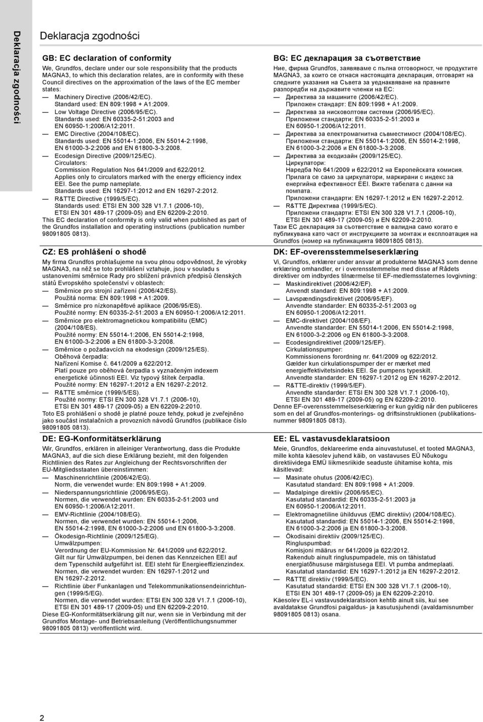 Low Voltage Directive (2006/95/EC). Standards used: EN 60335-2-51:2003 and EN 60950-1:2006/A12:2011. EMC Directive (2004/108/EC).