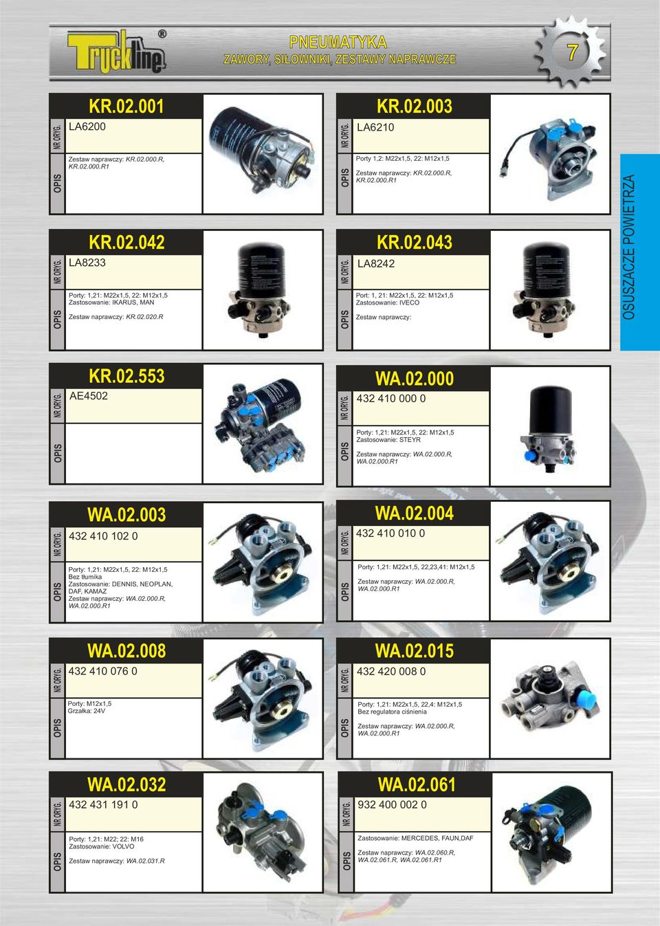 02.000 432 410 000 0 Porty: 1,21: M22x1,5, 22: M12x1,5 Zastosowanie: STEYR Zestaw naprawczy: WA.02.000.R, WA.02.000.R1 WA.02.003 432 410 102 0 WA.02.004 432 410 010 0 Porty: 1,21: M22x1,5, 22: M12x1,5 Bez tłumika Zastosowanie: DENNIS, NEOPLAN, DAF, KAMAZ Zestaw naprawczy: WA.