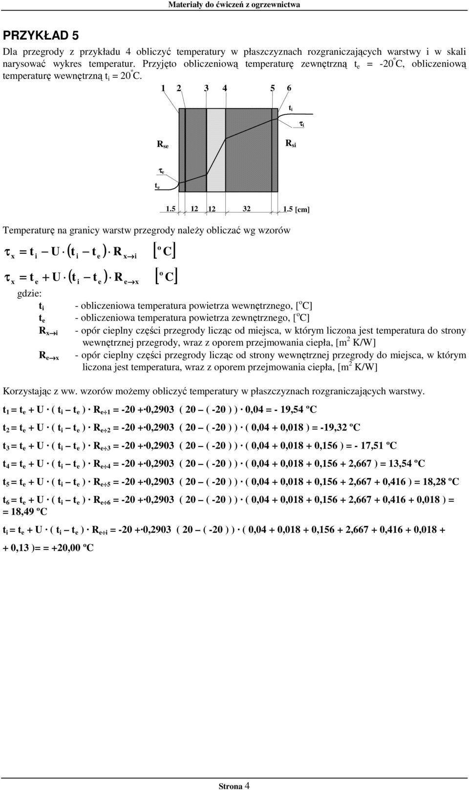 5 [cm] Temperaturę na granicy warstw przegrody naleŝy obliczać wg wzorów τ τ x x = t = t i e o ( t i t e ) R x i [ C] o ( t t ) R [ C] i e e x gdzie: t i - obliczeniowa temperatura powietrza