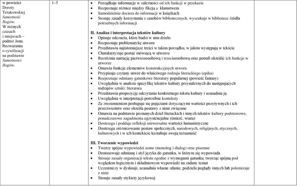 Przedstawia najistotniejsze treści w takim porządku, w jakim występują w tekście Charakteryzuje postać mówiącą w utworze Rozróżnia narrację pierwszoosobową i trzecioosobową oraz potrafi określić ich