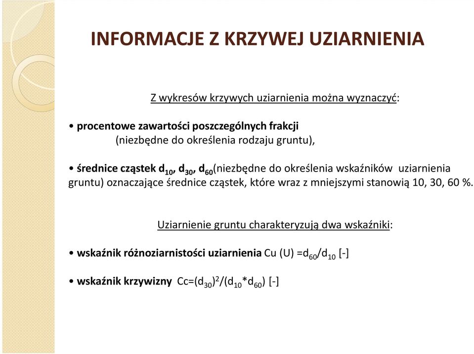 uziarnienia gruntu) oznaczające średnice cząstek, które wraz z mniejszymi stanowią 10, 30, 60 %.