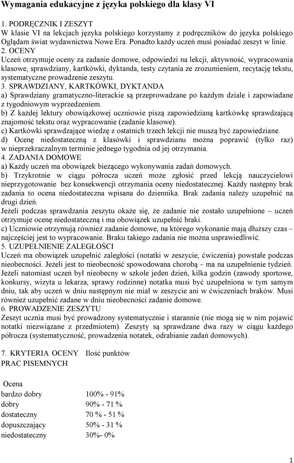 OCENY Uczeń otrzymuje oceny za zadanie domowe, odpowiedzi na lekcji, aktywność, wypracowania klasowe, sprawdziany, kartkówki, dyktanda, testy czytania ze zrozumieniem, recytację tekstu, systematyczne