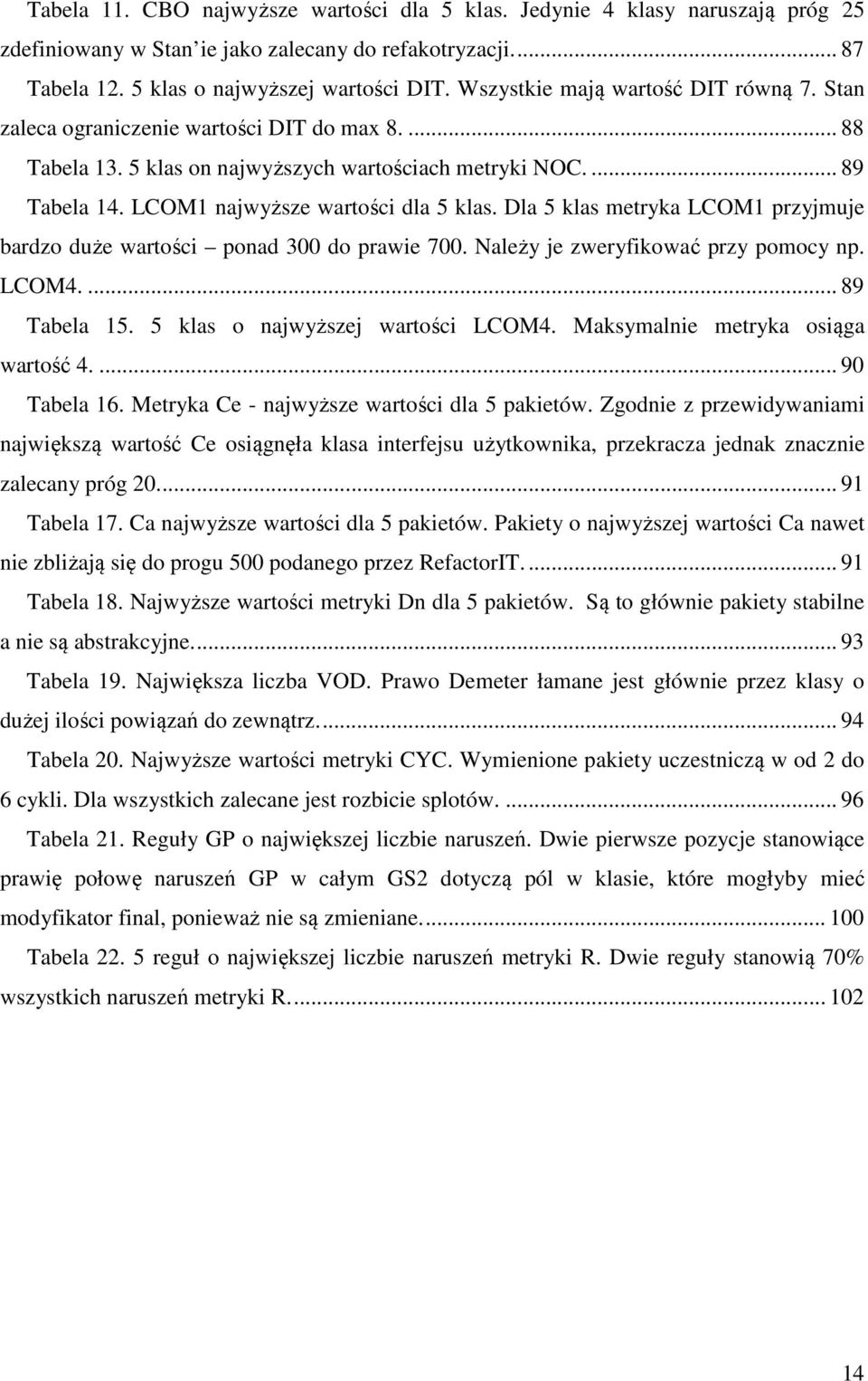 LCOM1 najwyższe wartości dla 5 klas. Dla 5 klas metryka LCOM1 przyjmuje bardzo duże wartości ponad 300 do prawie 700. Należy je zweryfikować przy pomocy np. LCOM4.... 89 Tabela 15.