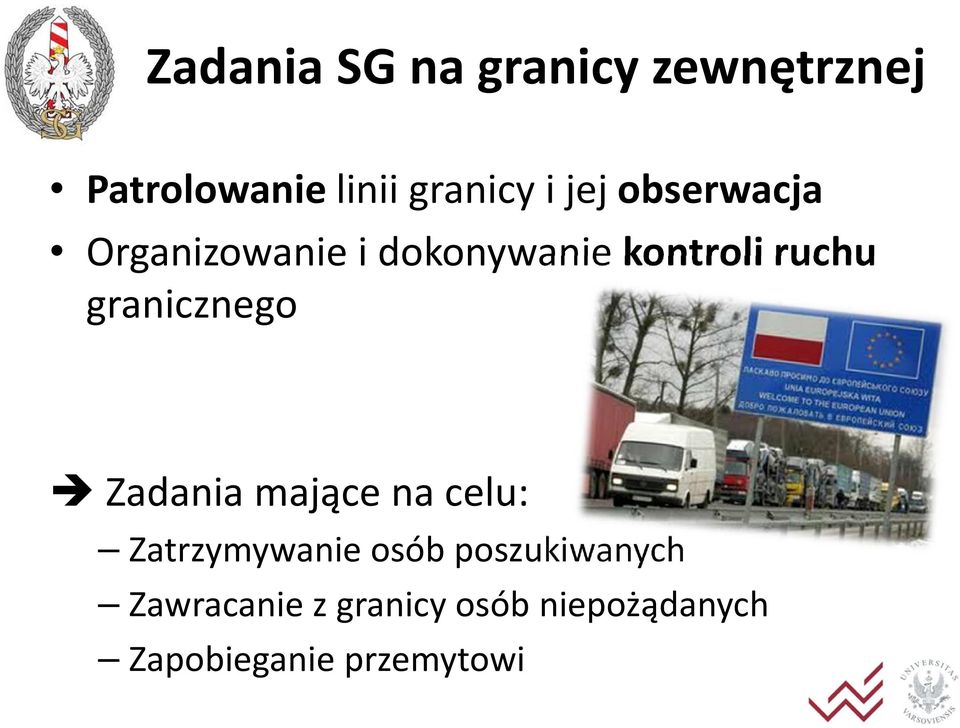 granicznego Zadania mające na celu: Zatrzymywanie osób