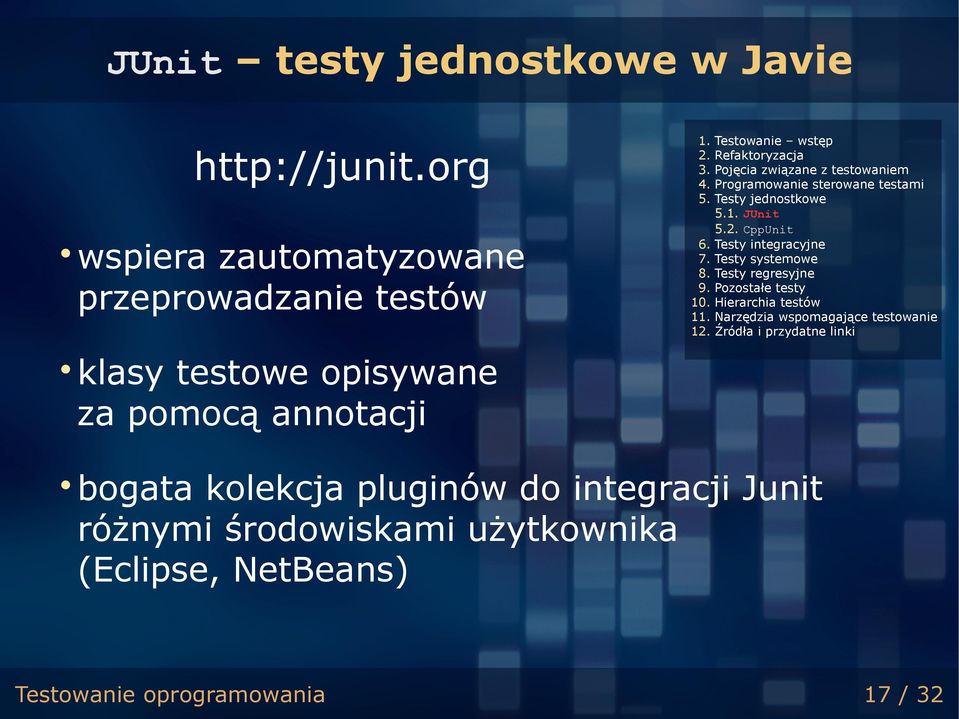 Testy integracyjne 7. Testy systemowe 8. Testy regresyjne 9. Pozostałe testy 10. Hierarchia testów 11. Narzędzia wspomagające testowanie 12.