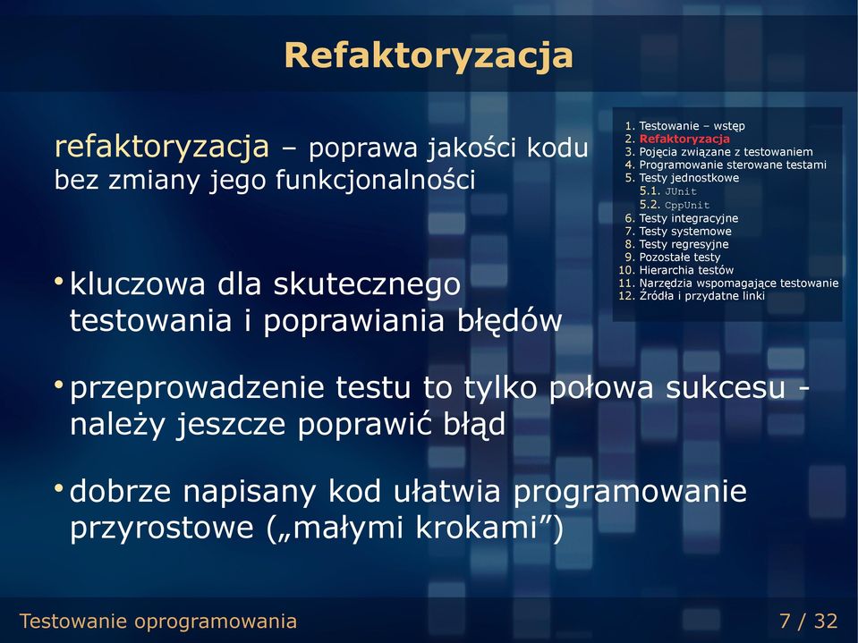 Testy integracyjne 7. Testy systemowe 8. Testy regresyjne 9. Pozostałe testy 10. Hierarchia testów 11. Narzędzia wspomagające testowanie 12.