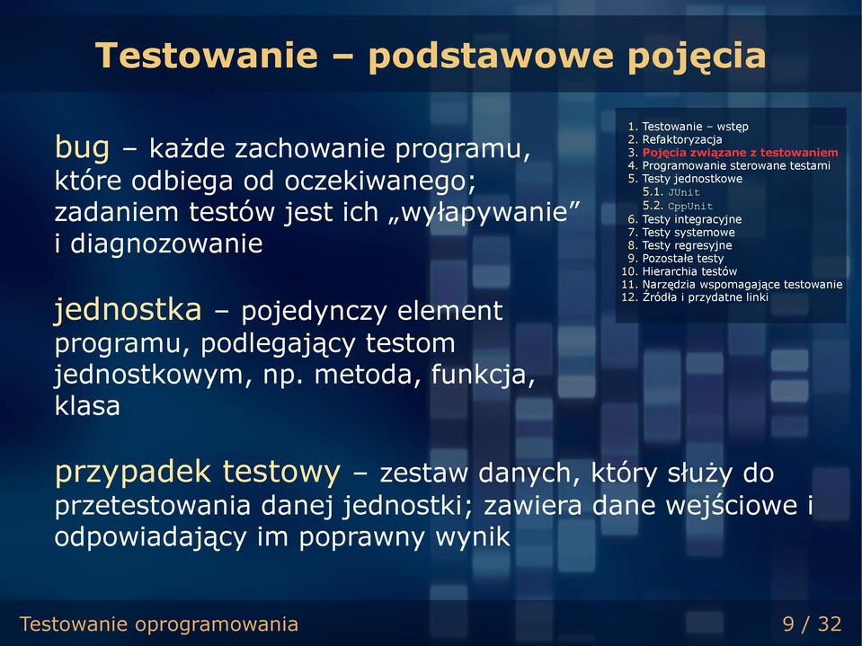 Testy jednostkowe 5.1. JUnit 5.2. CppUnit 6. Testy integracyjne 7. Testy systemowe 8. Testy regresyjne 9. Pozostałe testy 10. Hierarchia testów 11.