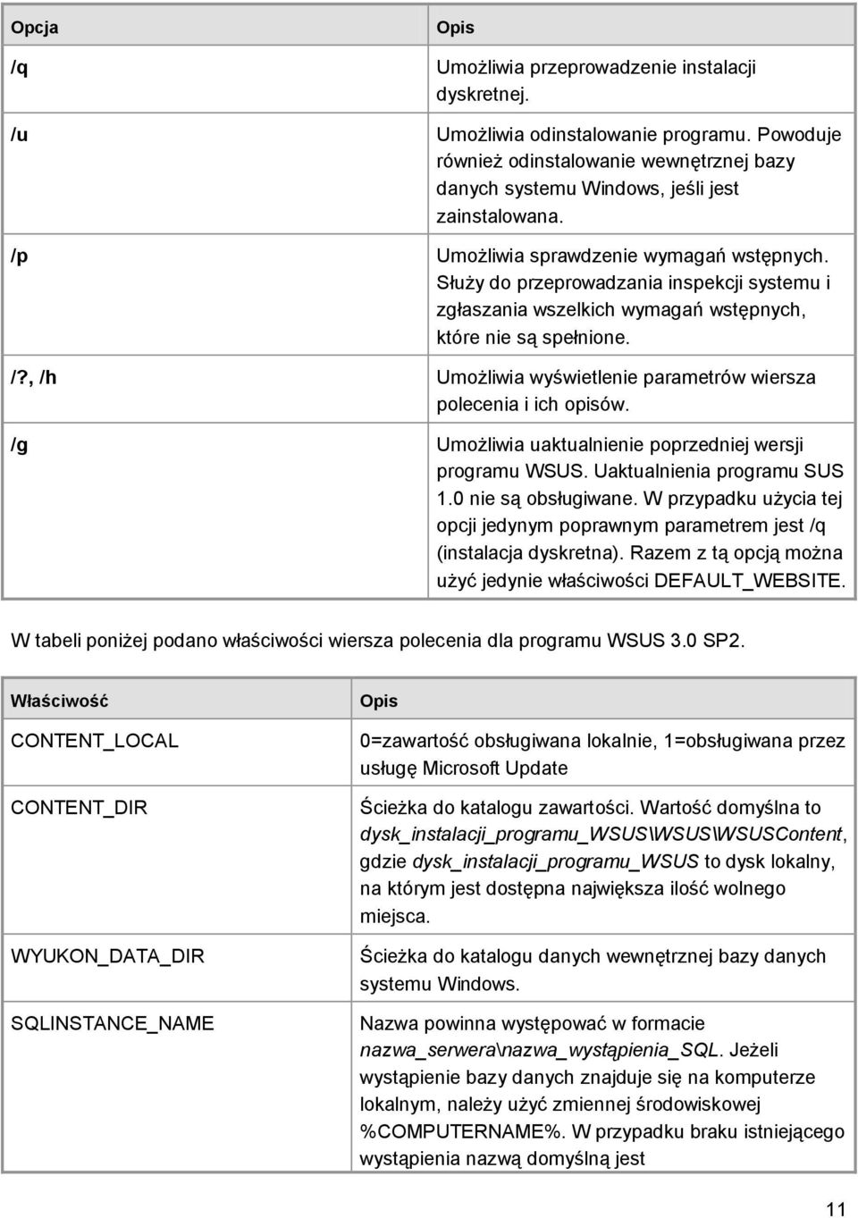 , /h Umożliwia wyświetlenie parametrów wiersza polecenia i ich opisów. /g Umożliwia uaktualnienie poprzedniej wersji programu WSUS. Uaktualnienia programu SUS 1.0 nie są obsługiwane.