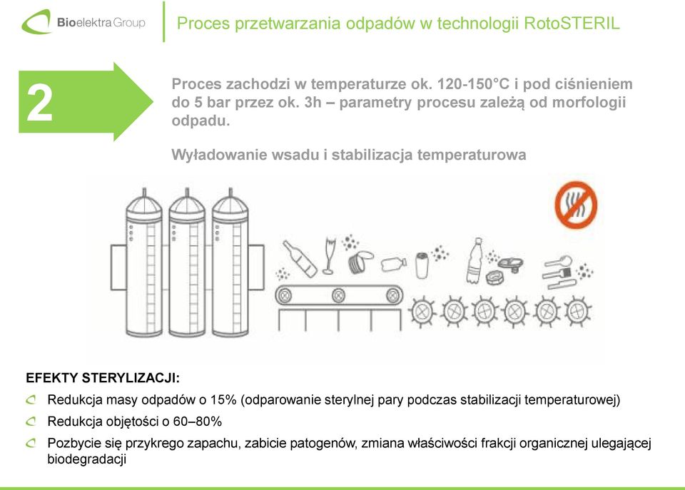 Wyładowanie wsadu i stabilizacja temperaturowa EFEKTY STERYLIZACJI: Redukcja masy odpadów o 15% (odparowanie sterylnej