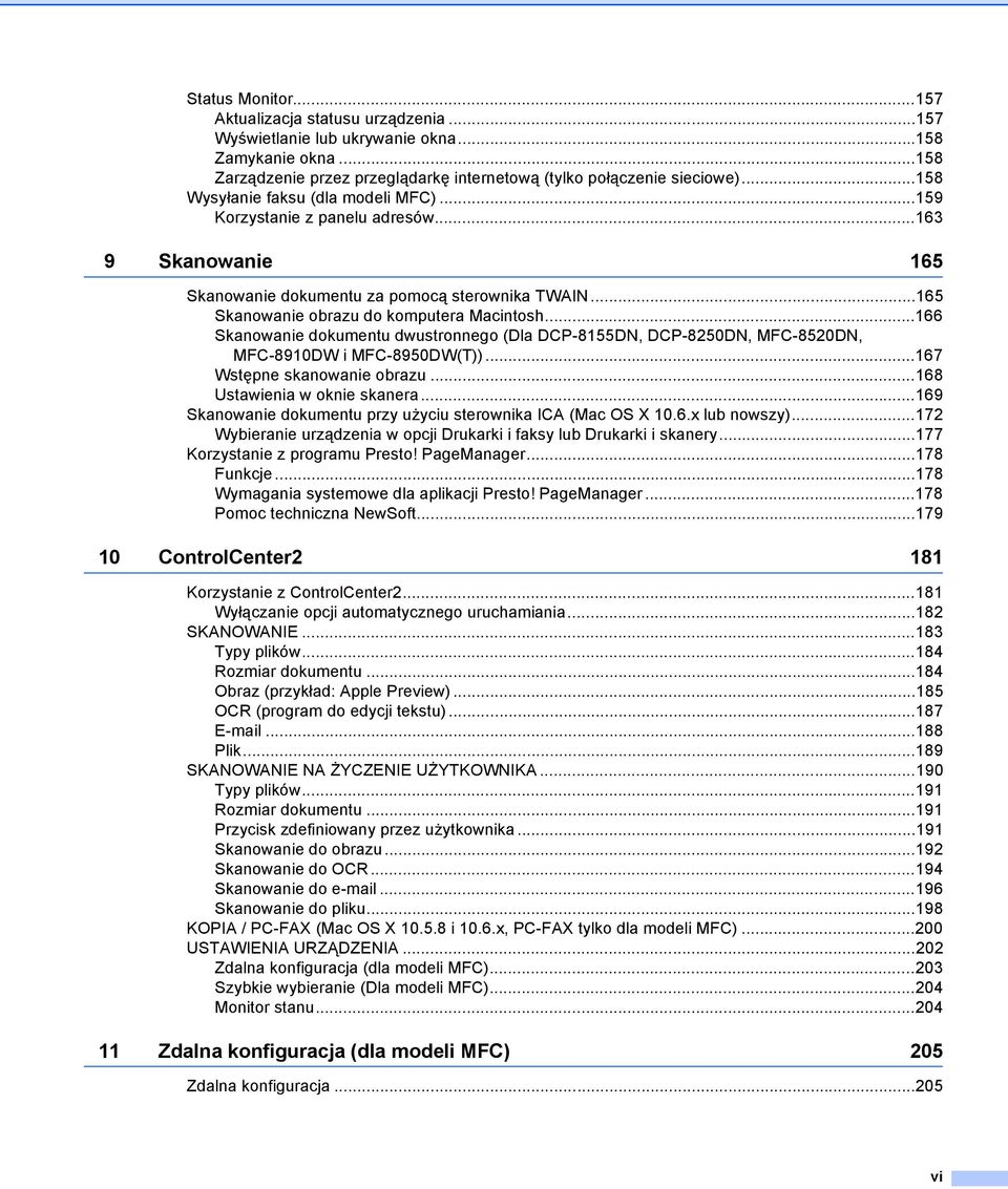 ..166 Skanowanie dokumentu dwustronnego (Dla DCP-8155DN, DCP-8250DN, MFC-8520DN, MFC-8910DW i MFC-8950DW(T))...167 Wstępne skanowanie obrazu...168 Ustawienia w oknie skanera.