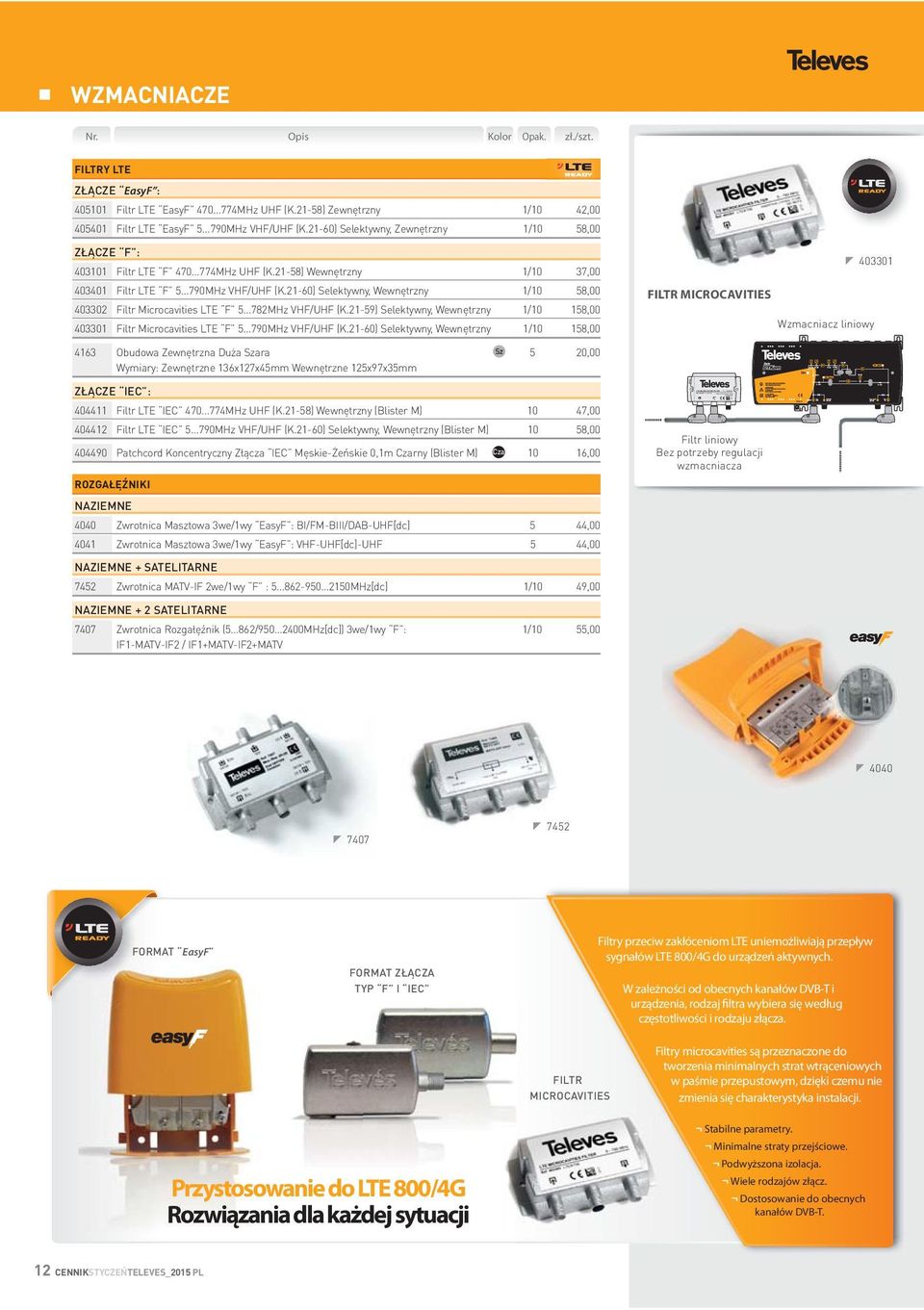21-58) Wewnętrzny 1/10 37,00 403401 Filtr LTE F 5...790MHz VHF/UHF (K.21-60) Selektywny, Wewnętrzny 1/10 58,00 403302 Filtr Microcavities LTE F 5...782MHz VHF/UHF (K.