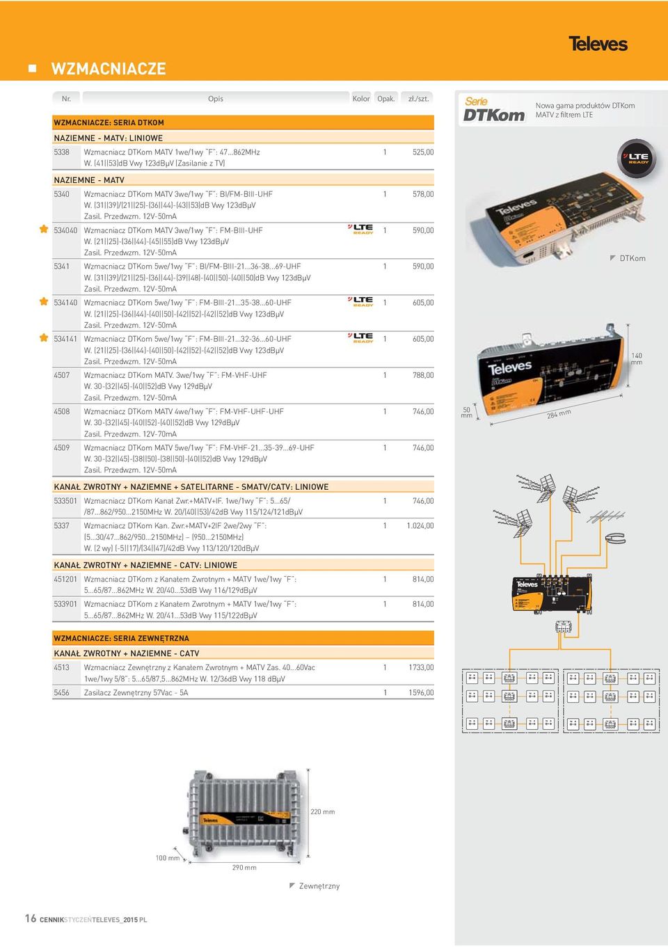 12V-50mA 534040 Wzmacniacz DTKom MATV 3we/1wy F : FM-BIII-UHF 1 590,00 W. (21 25)-(36 44)-(45 55)dB Vwy 123dBµV Zasil. Przedwzm. 12V-50mA 5341 Wzmacniacz DTKom 5we/1wy F : BI/FM-BIII-21...36-38.