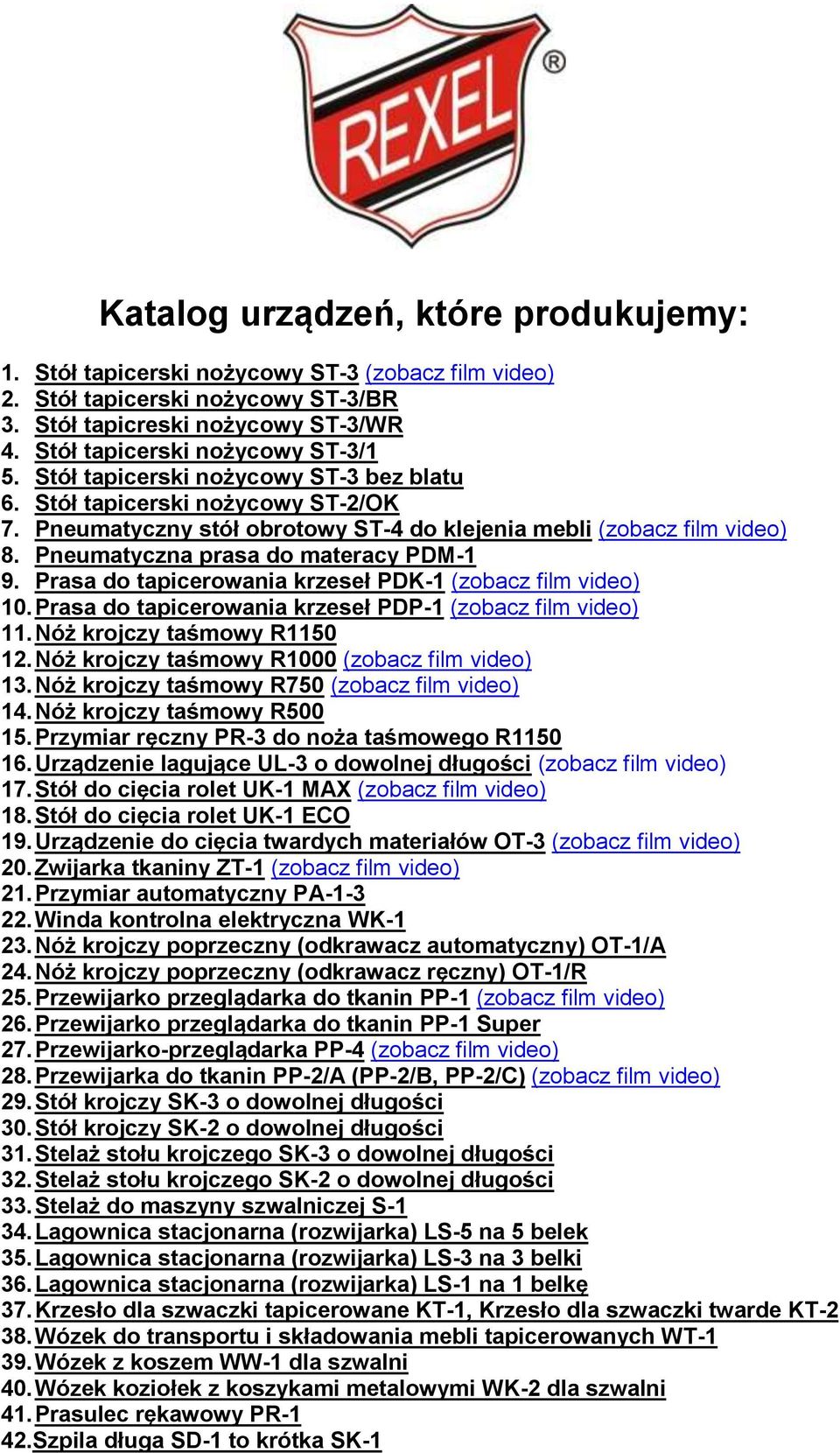 Prasa do tapicerowania krzeseł PDK-1 (zobacz film video) 10. Prasa do tapicerowania krzeseł PDP-1 (zobacz film video) 11. Nóż krojczy taśmowy R1150 12.