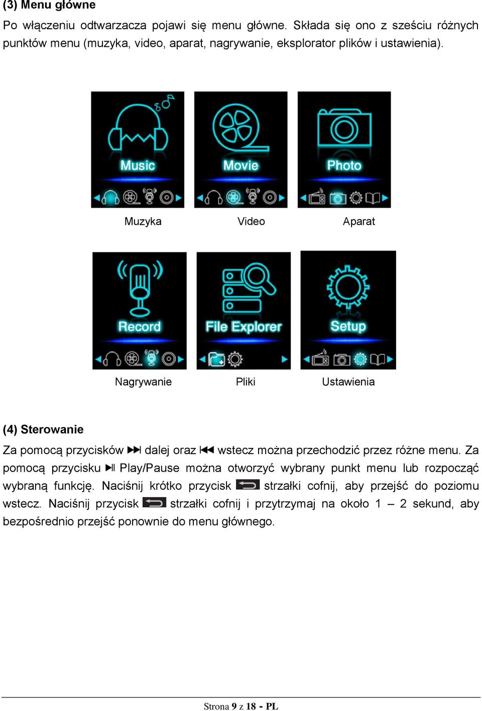 Muzyka Video Aparat Nagrywanie Pliki Ustawienia (4) Sterowanie Za pomocą przycisków dalej oraz wstecz można przechodzić przez różne menu.