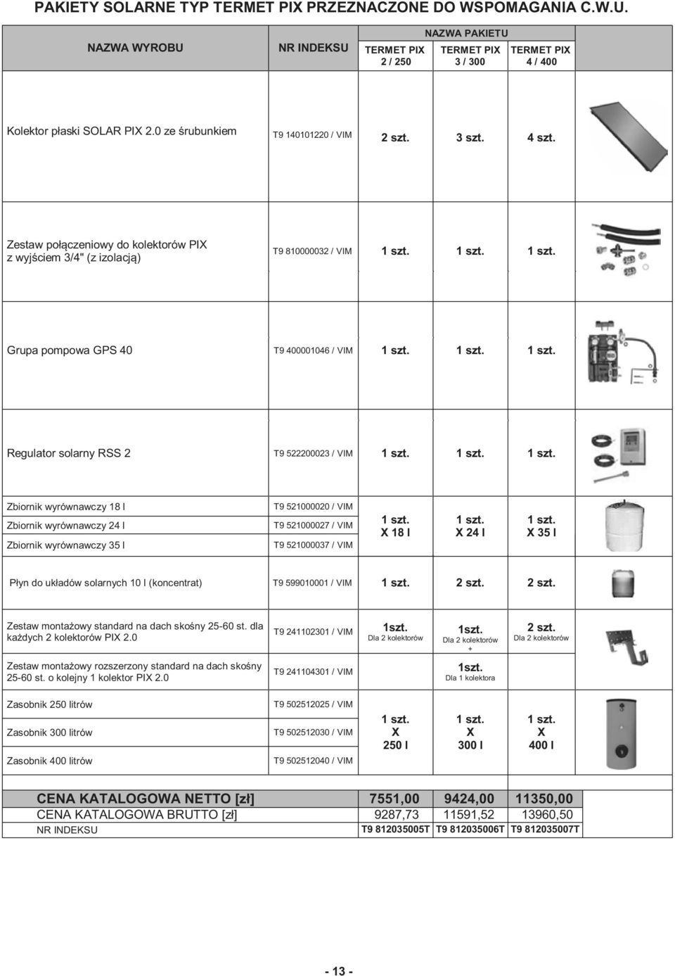 1 szt. 1 szt. Regulator solarny RSS 2 T9 5222000 / VIM 1 szt. 1 szt. 1 szt. Zbiornik wyrównawczy 18 l Zbiornik wyrównawczy 24 l Zbiornik wyrównawczy 35 l T9 521000020 / VIM T9 521000027 / VIM T9 521000037 / VIM 1 szt.