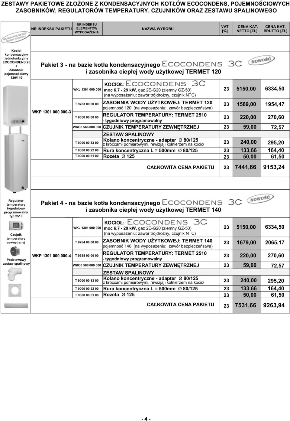 KOCIOŁ: WKJ 1301 000 000 moc 6,7 29 kw, gaz 2EG20 (ziemny GZ50) (na wyposażeniu: zawór trójdrożny, czujnik NTC) T 9783 00 00 00 ZASOBNIK WODY UŻYTKOWEJ: TERMET 120 pojemność 120l (na wyposażeniu: