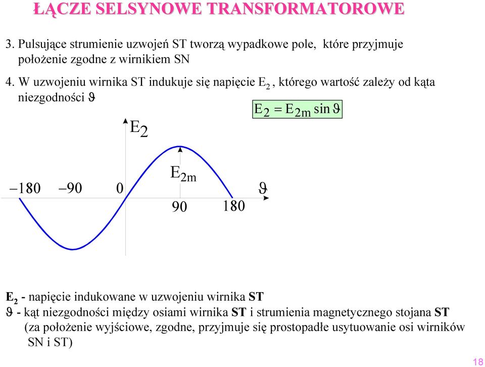 W uzwojeniu wirnika ST indukuje się napięcie 2, którego wartość zależy od kąta niezgodności ϑ 2 = 2 sin ϑ 2 180 90 0 2