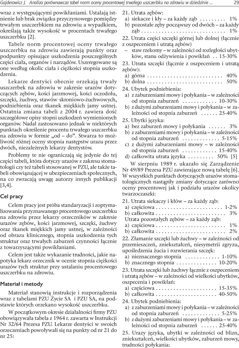 Tabele norm procentowej oceny trwałego uszczerbku na zdrowiu zawierają punkty oraz podpunkty opisujące uszkodzenia poszczególnych części ciała, organów i narządów.