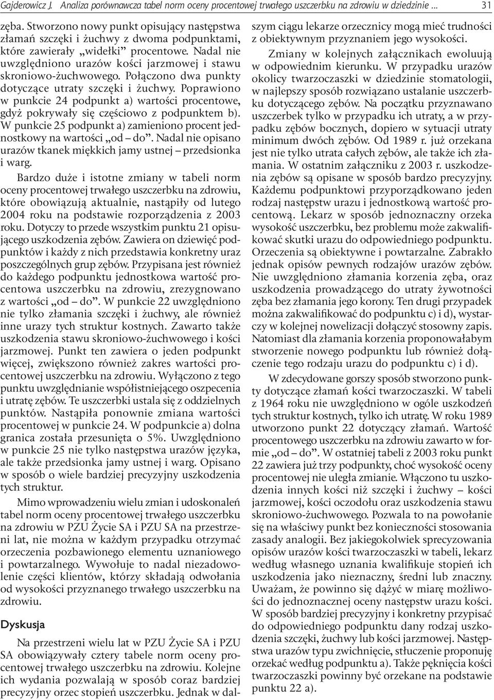 Połączono dwa punkty dotyczące utraty szczęki i żuchwy. Poprawiono w punkcie 24 podpunkt a) wartości procentowe, gdyż pokrywały się częściowo z podpunktem b).