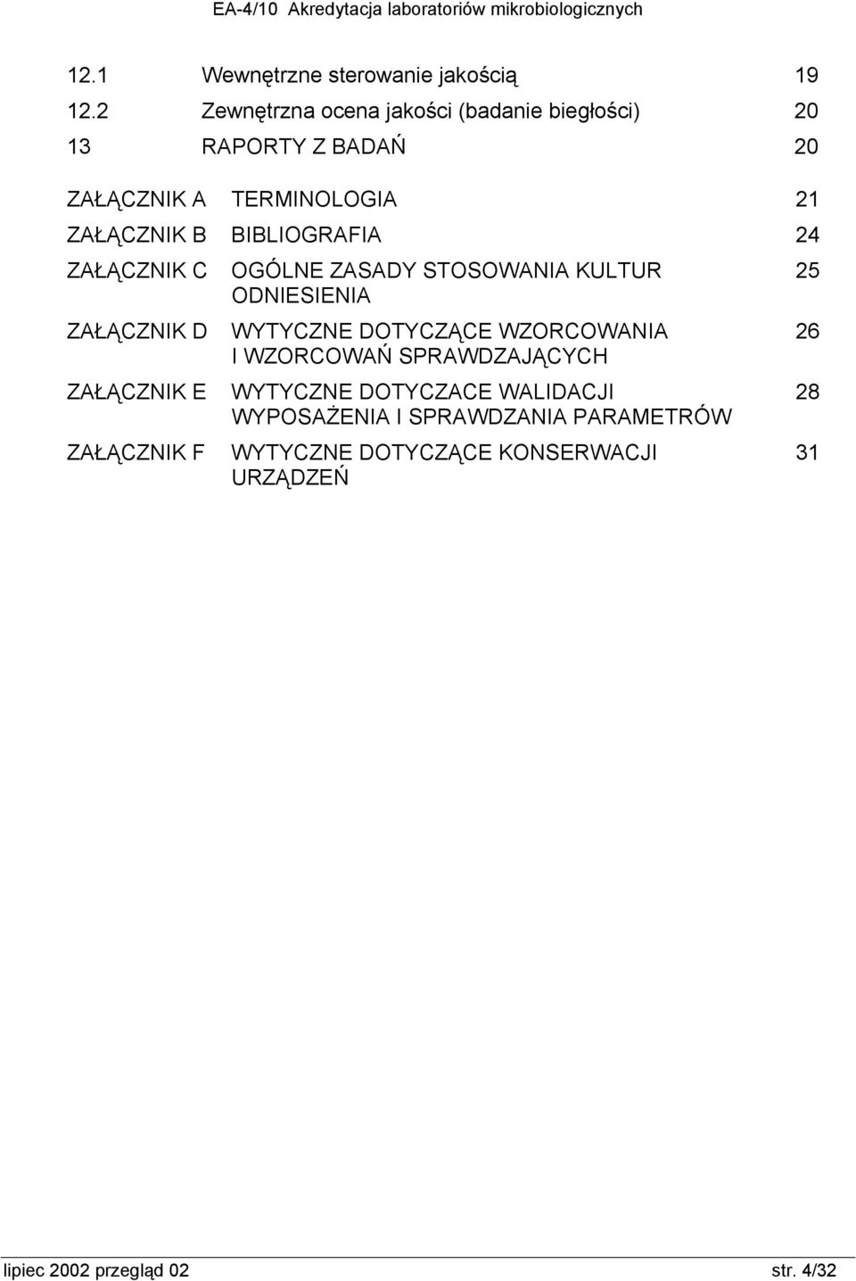 BIBLIOGRAFIA 24 ZAŁĄCZNIK C OGÓLNE ZASADY STOSOWANIA KULTUR 25 ODNIESIENIA ZAŁĄCZNIK D WYTYCZNE DOTYCZĄCE WZORCOWANIA