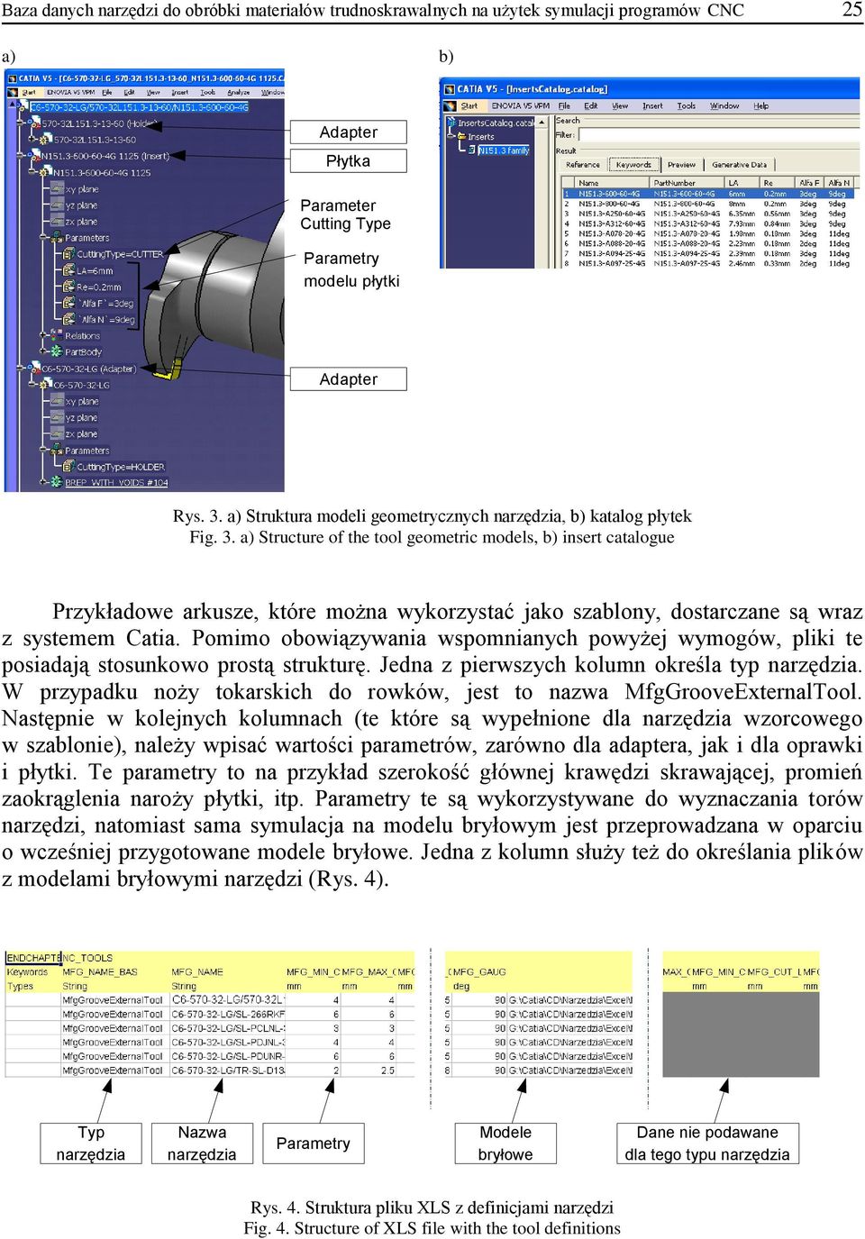 a) Structure of the tool geometric models, b) insert catalogue Przykładowe arkusze, które można wykorzystać jako szablony, dostarczane są wraz z systemem Catia.