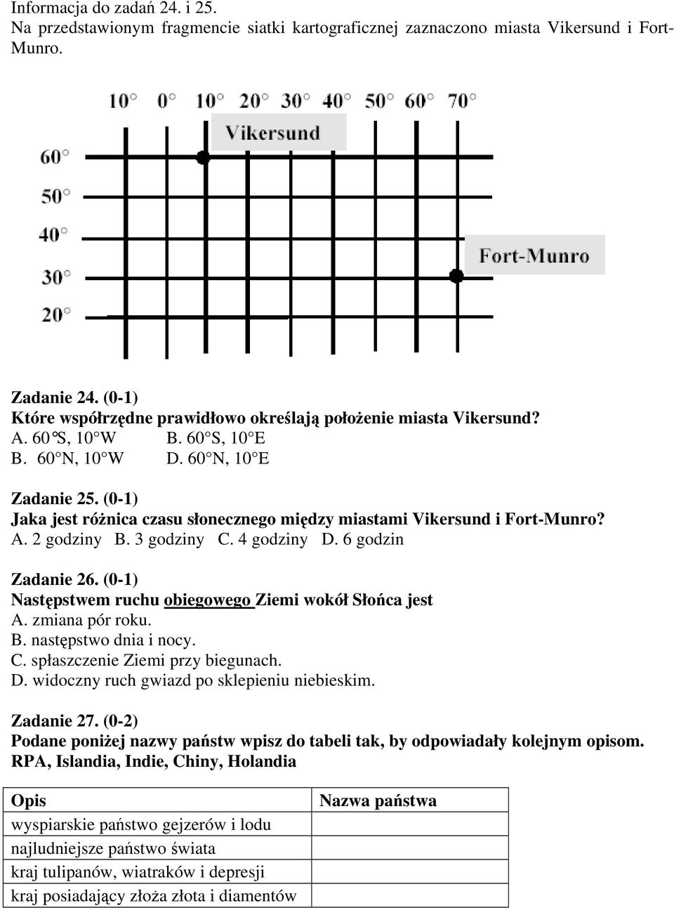 (0-1) Jaka jest różnica czasu słonecznego między miastami Vikersund i Fort-Munro? A. 2 godziny B. 3 godziny C. 4 godziny D. 6 godzin Zadanie 26.