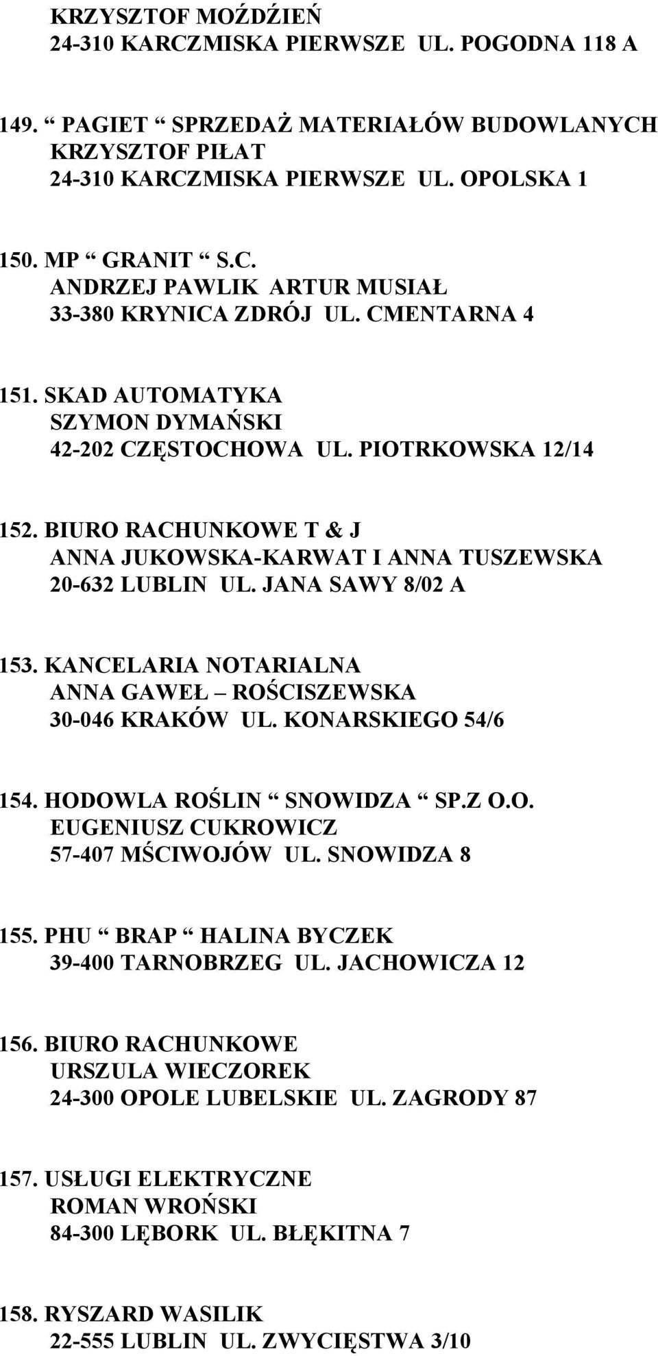 KANCELARIA NOTARIALNA ANNA GAWEŁ ROŚCISZEWSKA 30-046 KRAKÓW UL. KONARSKIEGO 54/6 154. HODOWLA ROŚLIN SNOWIDZA SP.Z O.O. EUGENIUSZ CUKROWICZ 57-407 MŚCIWOJÓW UL. SNOWIDZA 8 155.