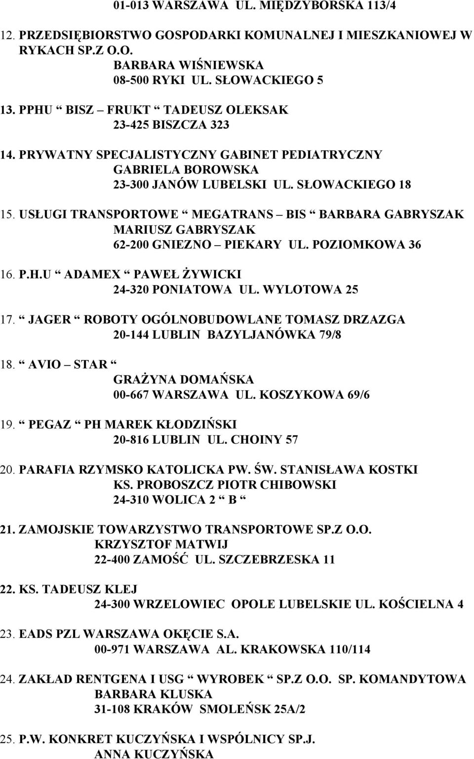 USŁUGI TRANSPORTOWE MEGATRANS BIS BARBARA GABRYSZAK MARIUSZ GABRYSZAK 62-200 GNIEZNO PIEKARY UL. POZIOMKOWA 36 16. P.H.U ADAMEX PAWEŁ ŻYWICKI 24-320 PONIATOWA UL. WYLOTOWA 25 17.