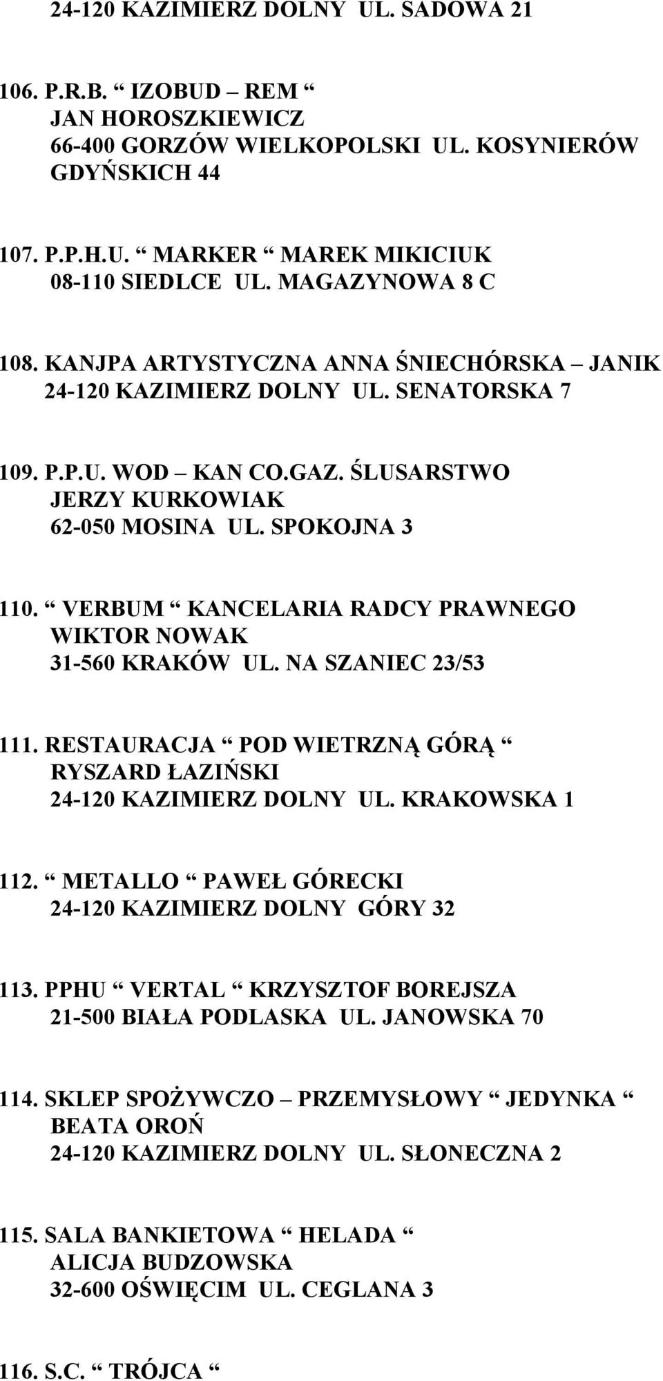 VERBUM KANCELARIA RADCY PRAWNEGO WIKTOR NOWAK 31-560 KRAKÓW UL. NA SZANIEC 23/53 111. RESTAURACJA POD WIETRZNĄ GÓRĄ RYSZARD ŁAZIŃSKI 24-120 KAZIMIERZ DOLNY UL. KRAKOWSKA 1 112.