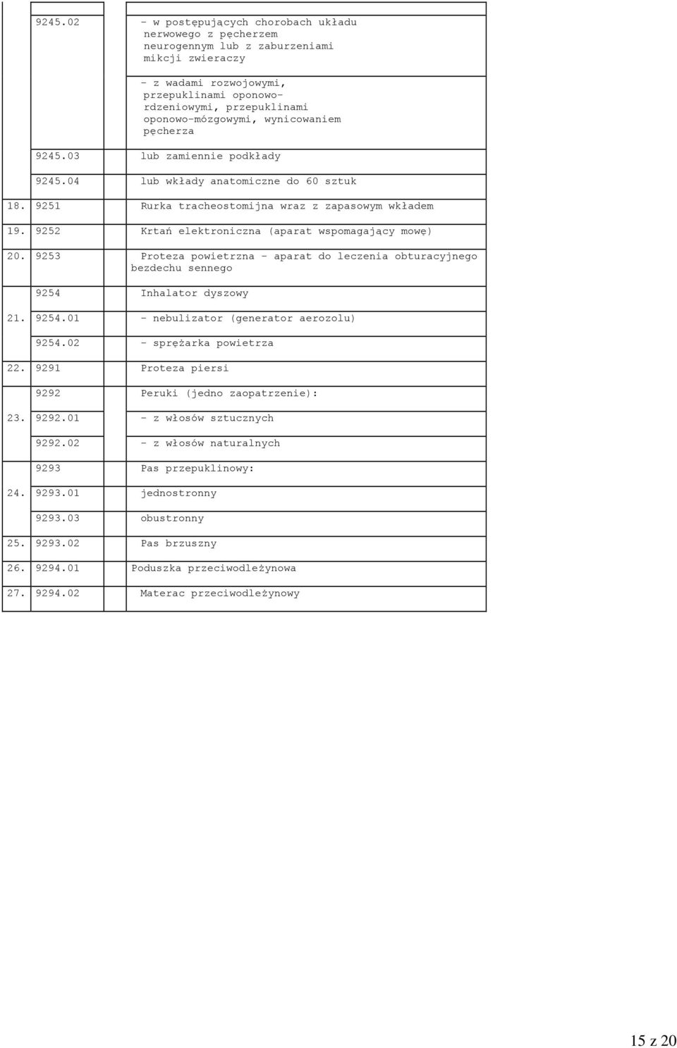 9252 Krtań elektroniczna (aparat wspomagający mowę) 20. 9253 Proteza powietrzna - aparat do leczenia obturacyjnego bezdechu sennego 9254 Inhalator dyszowy 21. 9254.01 - nebulizator (generator aerozolu) 9254.