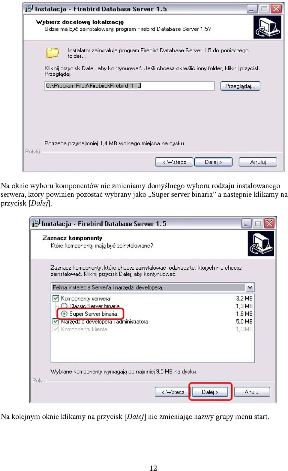 server binaria a następnie klikamy na przycisk [Dalej].