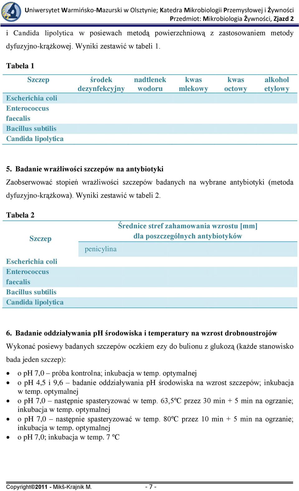 Badanie wrażliwości szczepów na antybiotyki Zaobserwować stopień wrażliwości szczepów badanych na wybrane antybiotyki (metoda dyfuzyjno-krążkowa). Wyniki zestawić w tabeli 2.
