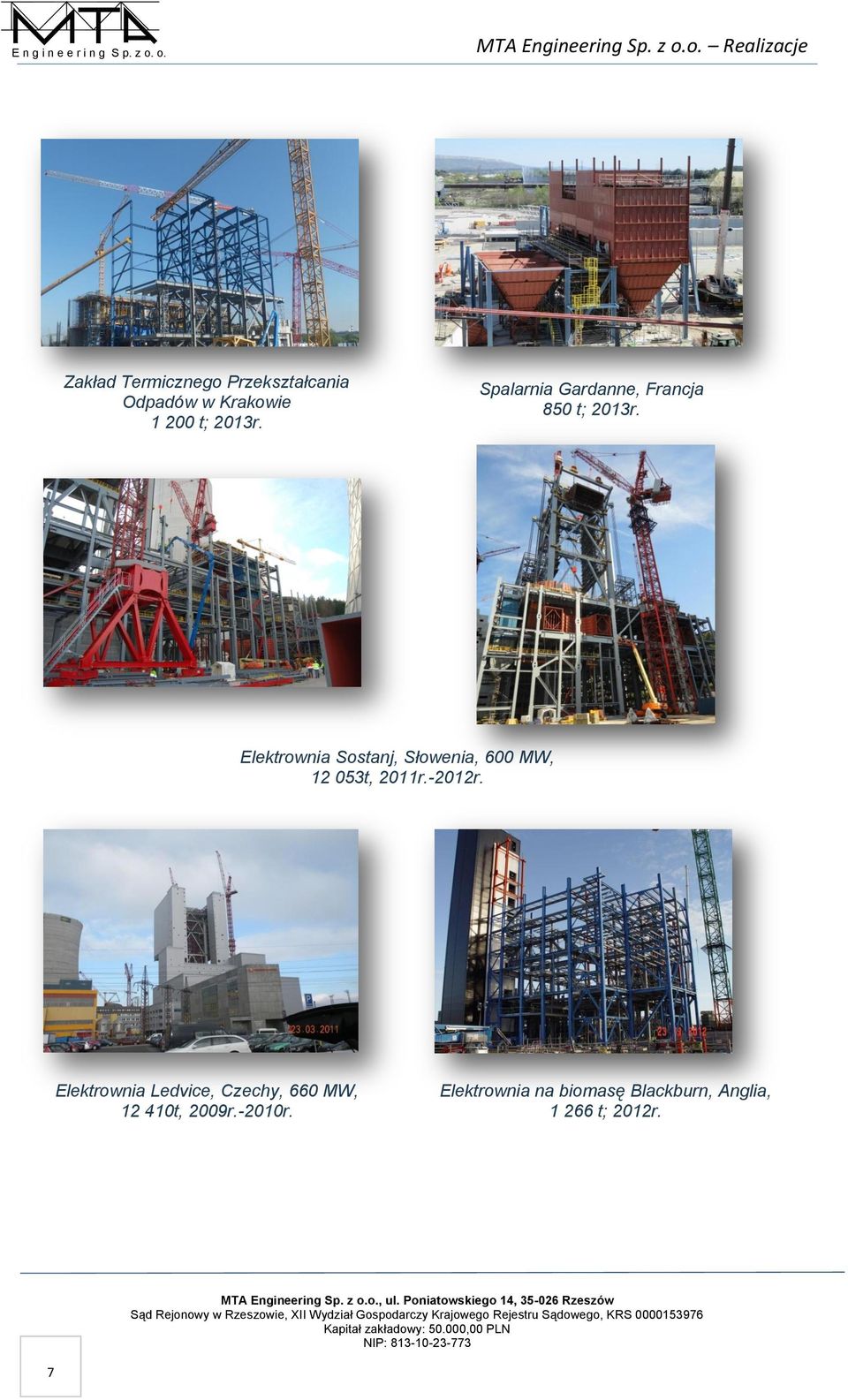 Spalarnia Gardanne, Francja 850 t; 2013r. Elektrownia Sostanj, Słowenia, 600 MW, 12 053t, 2011r.