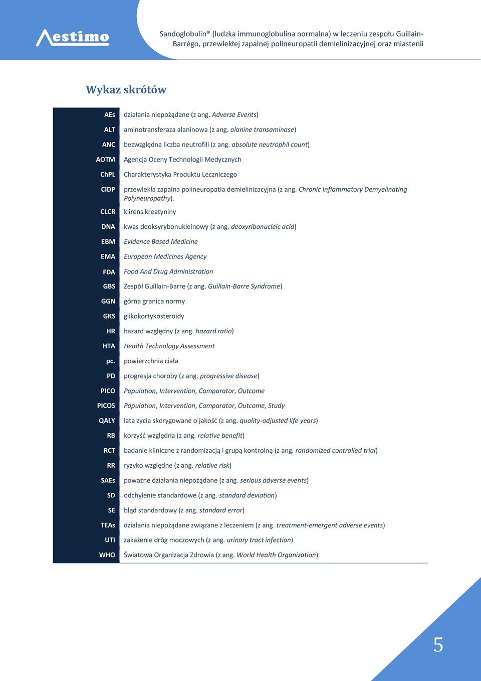 absolute neutrophil count) Agencja Oceny Technologii Medycznych Charakterystyka Produktu Leczniczego przewlekła zapalna polineuropatia demielinizacyjna (z ang.