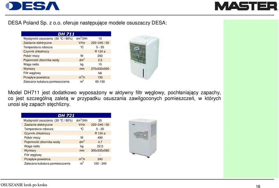 o. oferuje następujące modele osuszaczy DESA: DH 711 Wydajność osuszania (30 C / 80%) dm 3 /24h 10 Zasilanie elektryczne V/Hz 220~240 / 50 Temperatura robocza C 5-35 Czynnik chłodniczy R 134 a Pobór