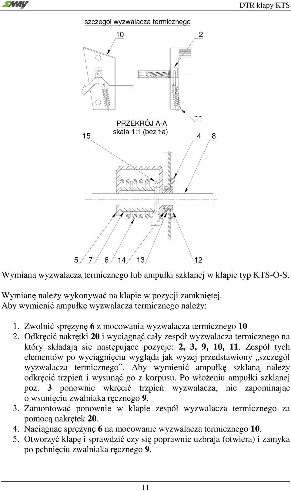 Odkręcić nakrętki 20 i wyciągnąć cały zespół wyzwalacza termicznego na który składają się następujące pozycje: 2, 3, 9, 10, 11.