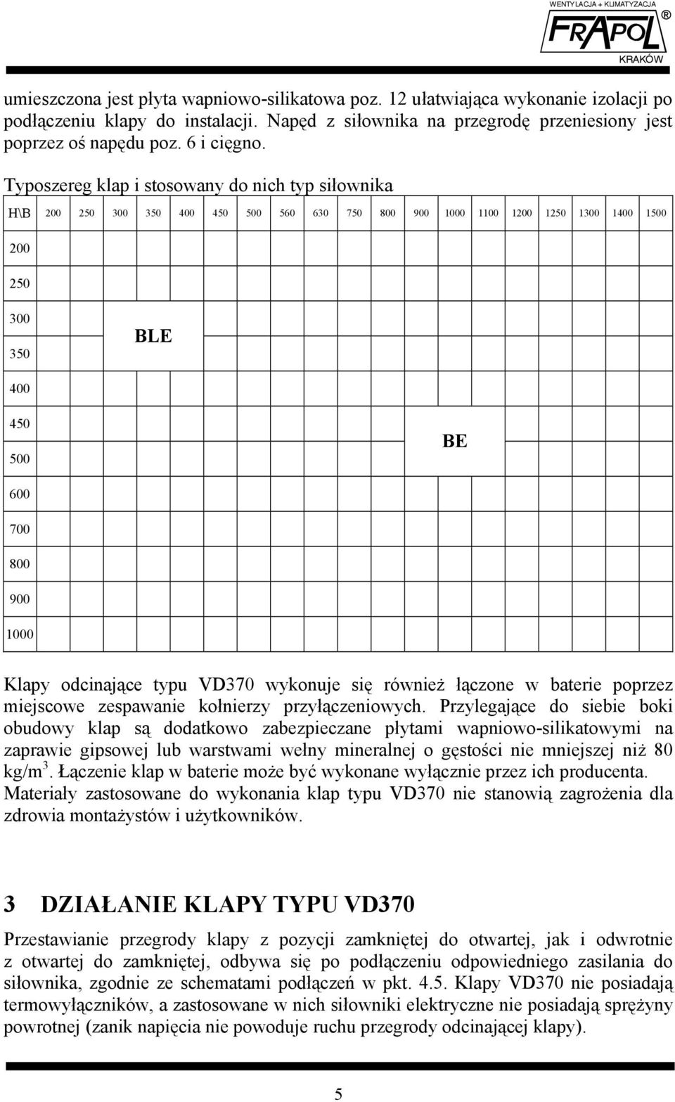 Typoszereg klap i stosowany do nich typ siłownika H\B 200 250 300 350 400 450 500 560 630 750 800 900 1000 1100 1200 1250 1300 1400 1500 200 250 300 350 BLE 400 450 500 BE 600 700 800 900 1000 Klapy