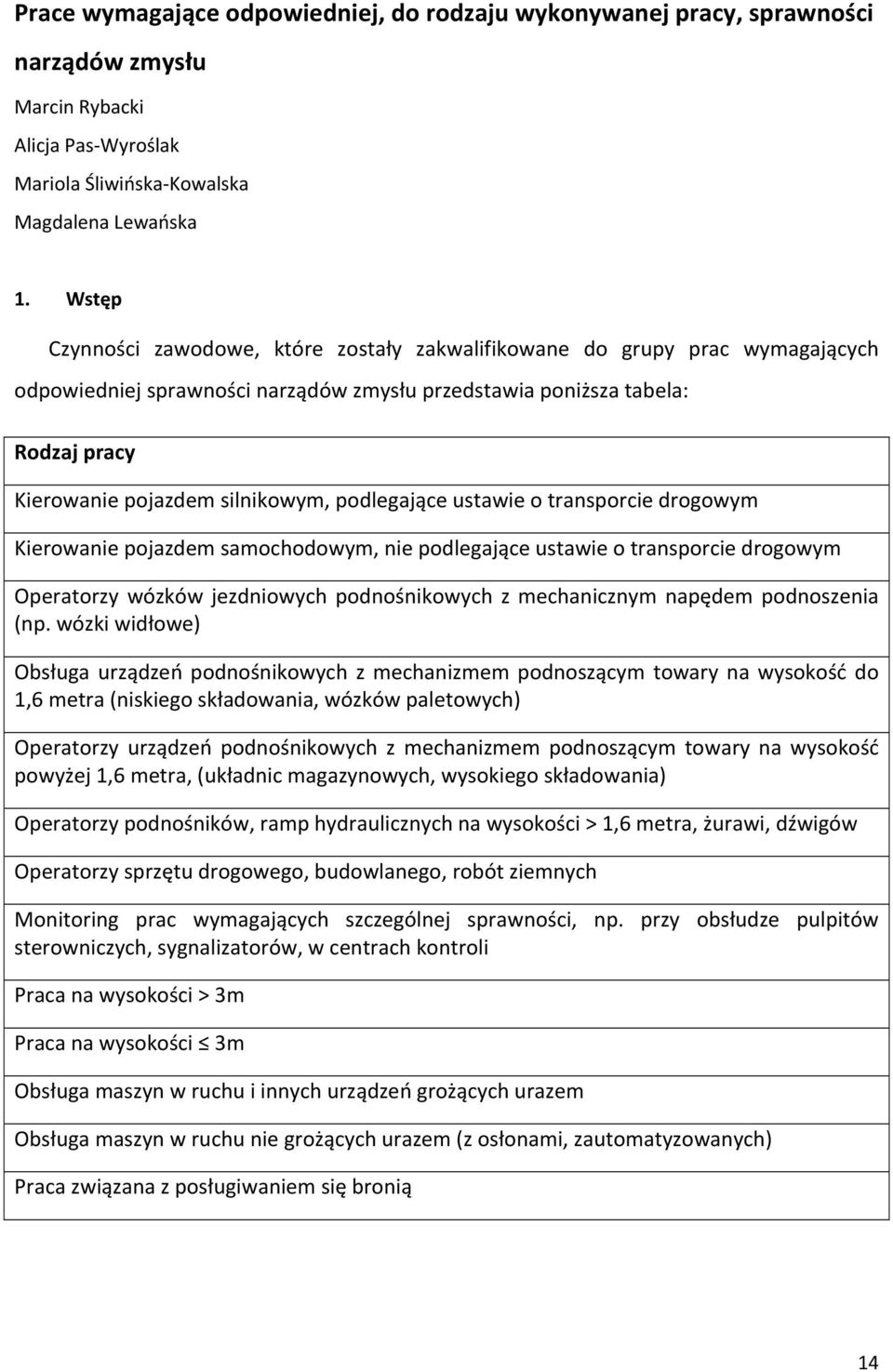 podlegające ustawie o transporcie drogowym Kierowanie pojazdem samochodowym, nie podlegające ustawie o transporcie drogowym Operatorzy wózków jezdniowych podnośnikowych z mechanicznym napędem