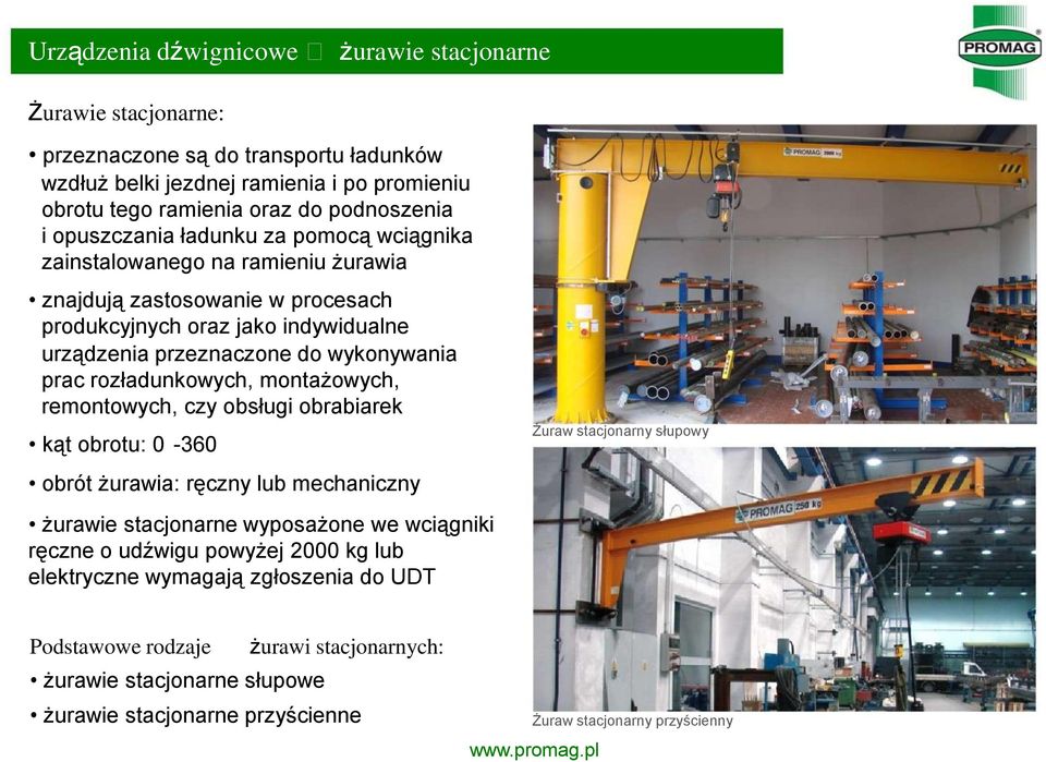 rozładunkowych, montażowych, remontowych, czy obsługi obrabiarek kąt obrotu: 0-360 obrót żurawia: ręczny lub mechaniczny Żuraw stacjonarny słupowy żurawie stacjonarne wyposażone we wciągniki