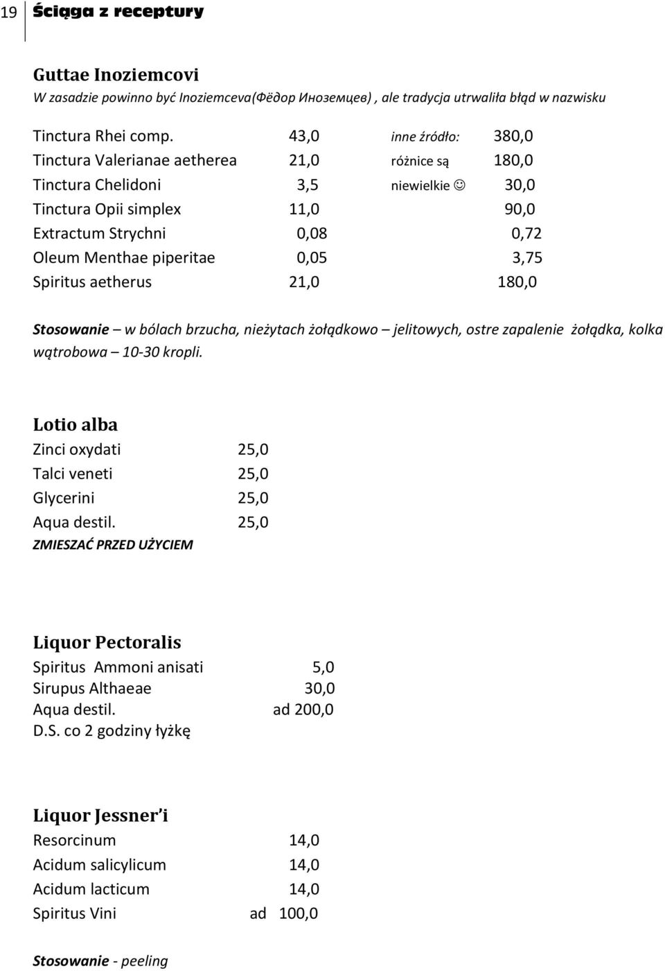 0,05 3,75 Spiritus aetherus 21,0 180,0 Stosowanie w bólach brzucha, nieżytach żołądkowo jelitowych, ostre zapalenie żołądka, kolka wątrobowa 10-30 kropli.